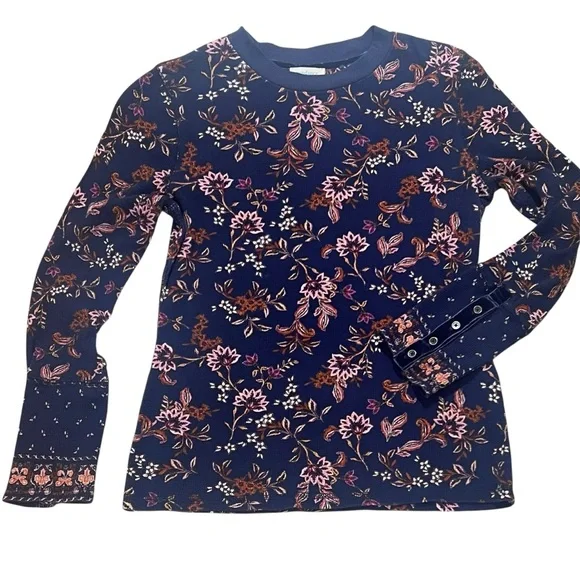 Sundance Waffle Knit Top Large Velvet Cuff Purple Floral Thermal Boho Prairie - Picture 12 of 12